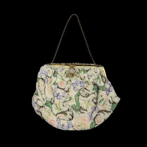 Delill Handbags - Vintage est. 1940s–50s Delill Beaded Evening Bag Floral Seed Bead Purse